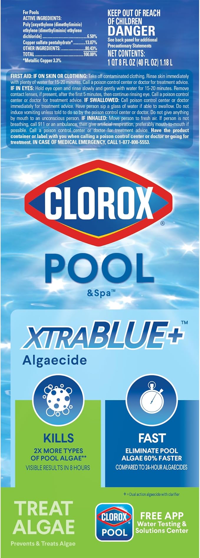 Clorox® Pool&Spa™ XTRABLUE® Plus Swimming Pool Algaecide, All In One Algae Killer, Non Foaming, 40 Ounce (Pack Of 1)